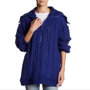 Free People Sweater Oversized Zip Front Blue Cable knit Chunky Tunic XS NWT $168